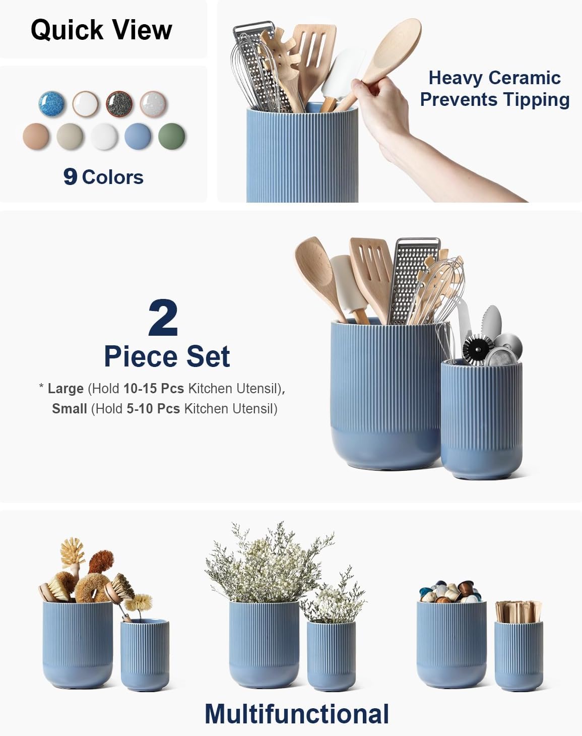 LE TAUCI Utensil Holder, 7.3"+5.4" Ceramic Kitchen Utensil Holder for Countertop, Large Cooking Utensil Crocks for Kitchen Counter, Modern Utensil Organizer for Spatula, Set of 2, Dusty Blue
