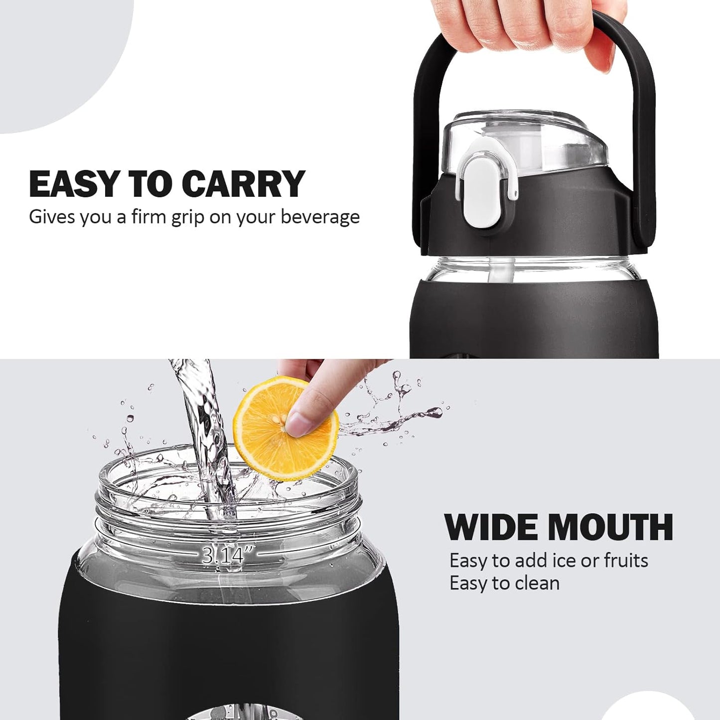 kytffu 64oz Glass Water Bottles with Straw, Half Gallon Motivational Glass Bottle with Silicone Sleeve and Time Marker, 2L Leakproof Large Glass Water Jug for Gym Home Office,Black