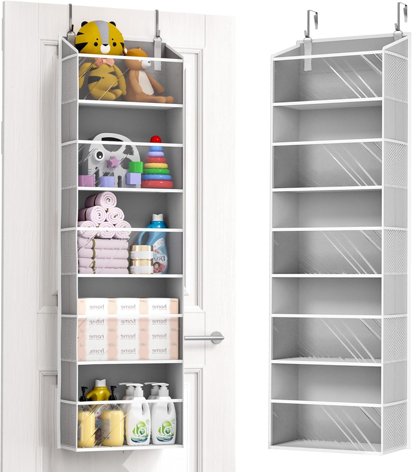 ULG 1-Pack Over Door Organizer with 5 Large Pockets 10 Mesh Side Pockets, 44 lbs Weight Capacity Hanging Storage Organizer with Clear Window for Bedroom Bathroom Kitchen, RV, Camper, Clear