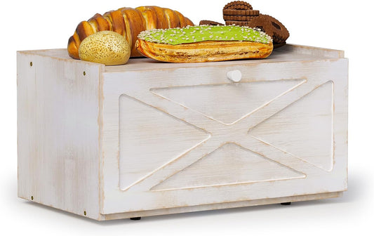 Bamboo Bread Box for Kitchen Counter Farmhouse Bread Storage Container Large Capacity Bread Storage Bin Bread Holder (Antique White)