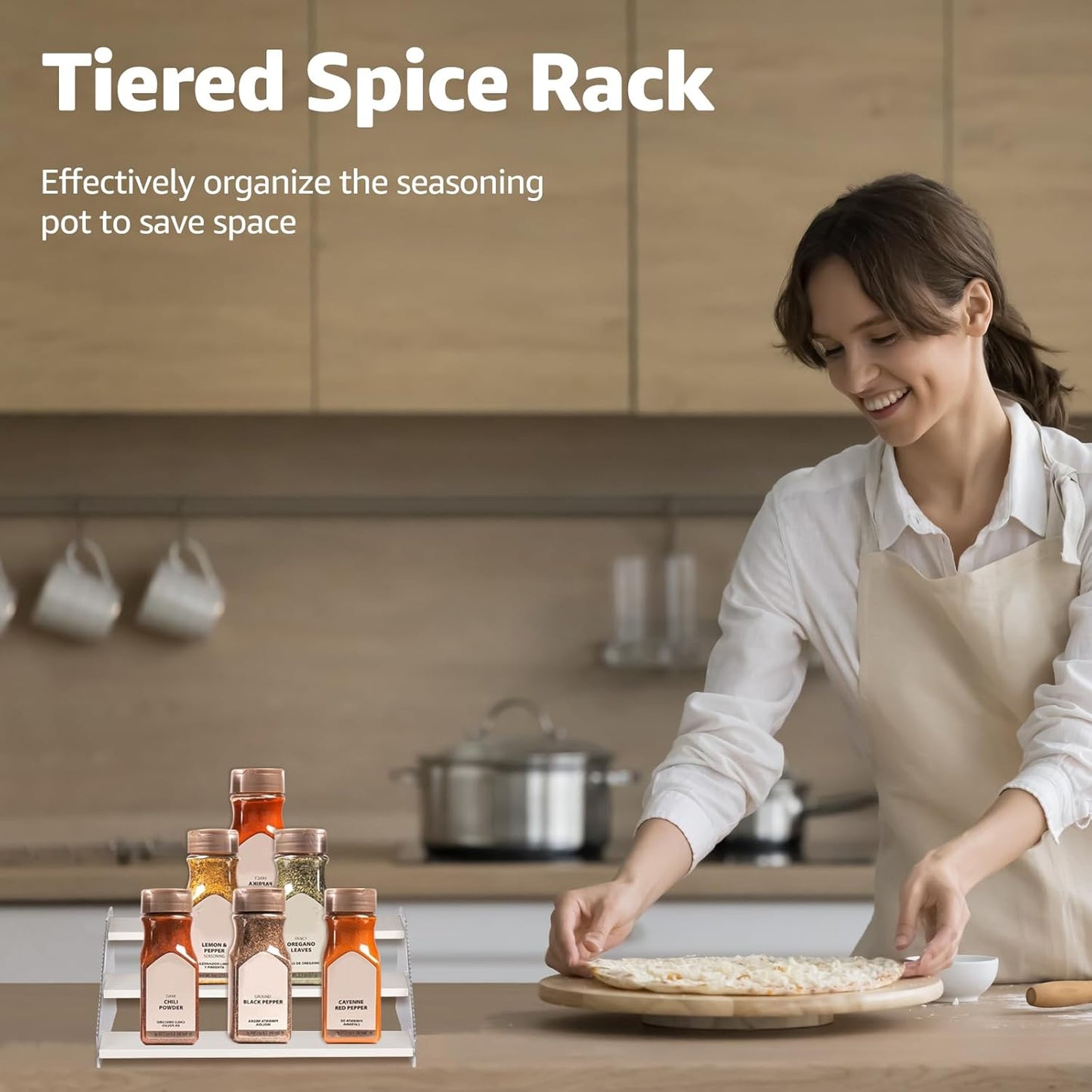 nianfeng Tiered Spice Rack, 3-Tier Spice Pantry Kitchen Cabinet Organizer, 12-Inch, Natural Wood Acrylic Stair Riser Stand, Countertop Seasoning Shelf (White)