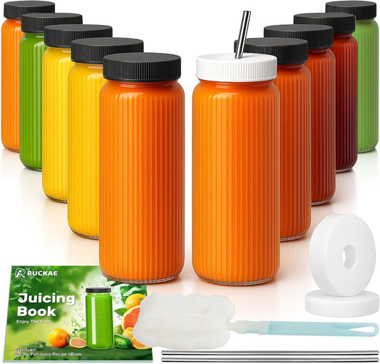 Ruckae 16oz 10 Pack Juice Bottles, Stripe Glass Bottles Juicing with Lids, Smoothie Cup Lids and Straws, Water Bottle Mason Jar Drinking Glasses for Juicing, Smoothies, Kombucha
