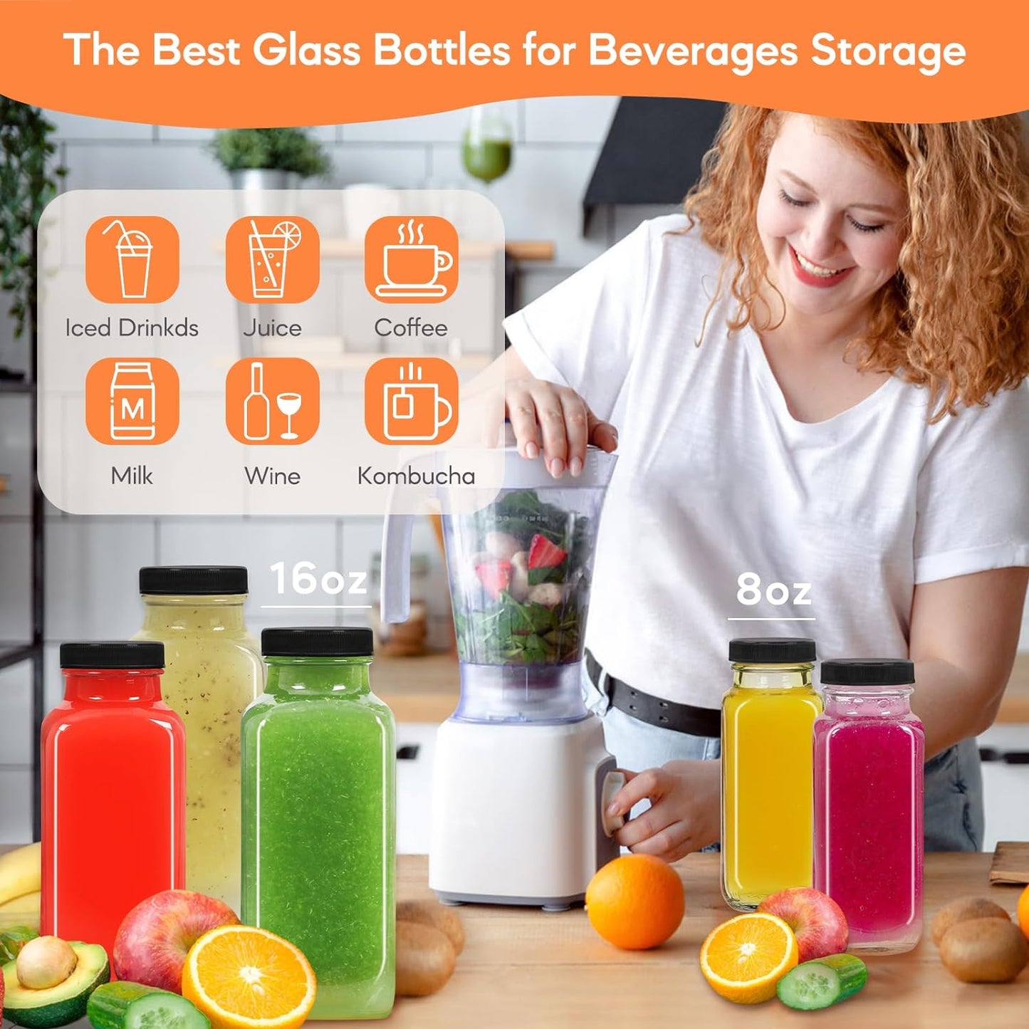 STARSIDE 12 oz 3 Pack Glass Juice Bottles with Lids - Square Reusable Drinking Jars for Juicing, Milk, Kombucha - Includes 1 Bottle Brush, 6 Colored Labels
