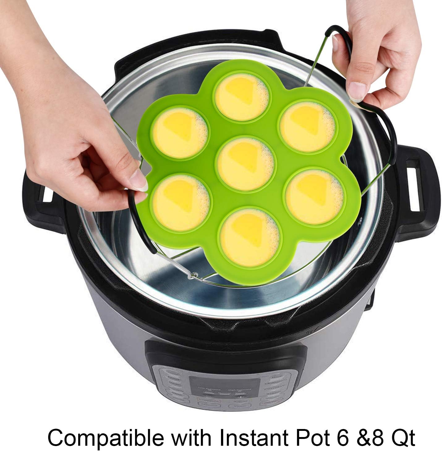 ROTTAY Silicone Egg Bites Molds and Steamer Rack Trivet with Heat Resistant Handles Fit Instant Pot Accessories, 7pcs set for 6qt & 8qt Electric Pressure Cooker With 2 Spoons and Silicone spatula