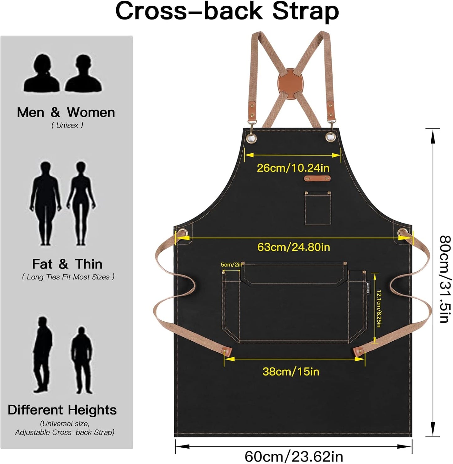 Genixart Chef Apron for Men Women with Gift Box Pack, Cross Back Apron with Pockets for Kitchen Cooking Baking Artist Painting, Cotton Canvas Work Aprons for Shop, Garden, Restaurant, Cafe (Black)