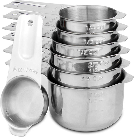 Set of 7 Heavy Duty Measuring Cups, 18/8 Stainless Steel with Ring Connector, Silver