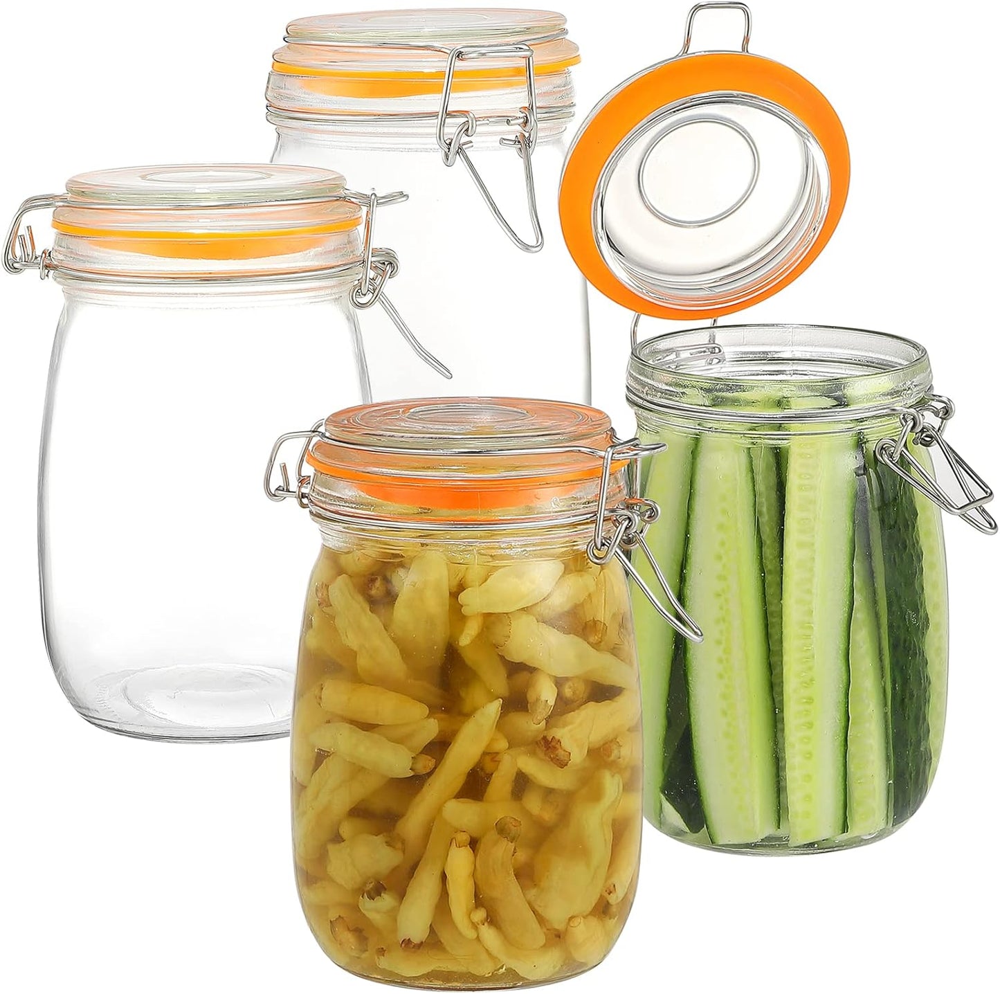 DANALLAN Wide Mouth Mason Jars, 4Pcs 32 oz Glass Jars with Airtight Lid Large Mason Canning Jars Clear Storage Canister Jars with Measurement Marks for Canning Flour Jam Jelly Coffee Sugar Beans