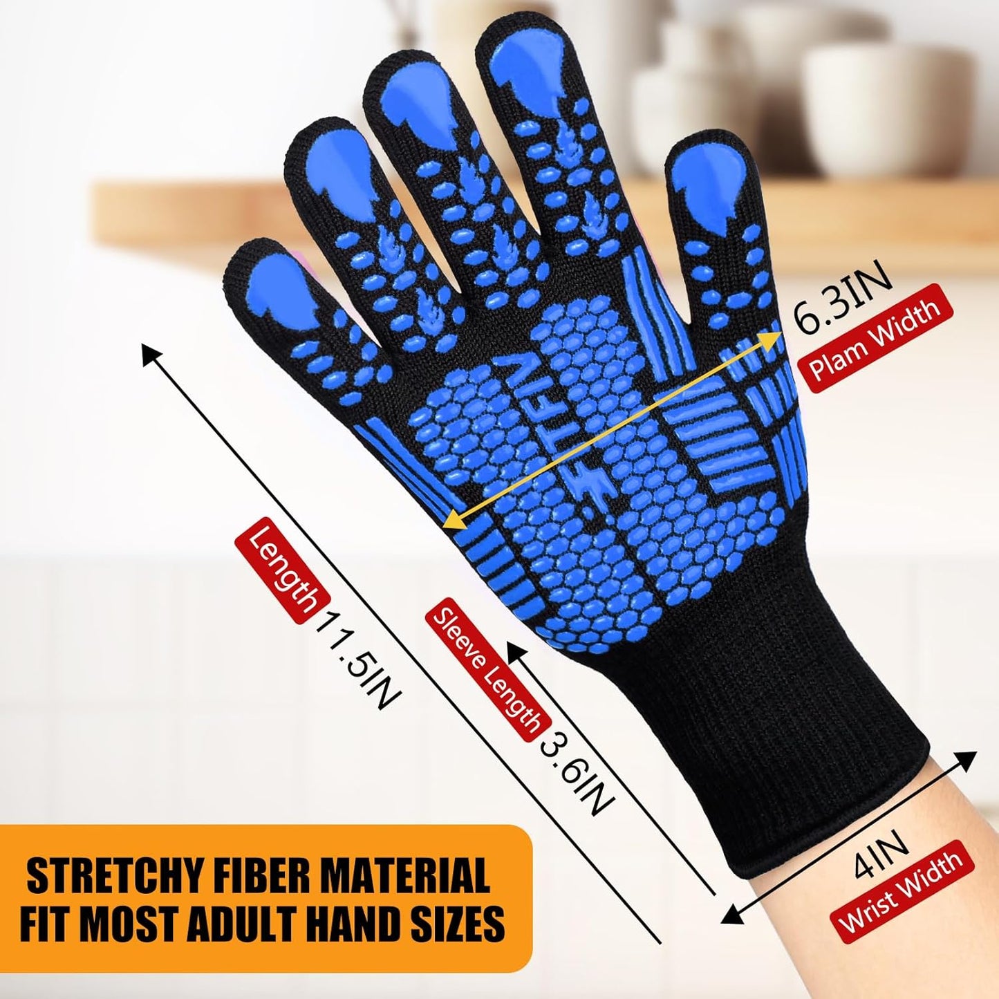 BBQ Gloves, Oven Gloves, 1472°F Extreme Heat Resistant Barbecue Gloves, Silicone Non-Slip Oven Mitts, Kitchen for Cooking, Grilling, and Baking (Blue)