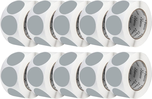 Perco Grey 3-Inch Perforated Circle Dot Sticker Labels — 10 Rolls, 5,000 Round Stickers — with Permanent Adhesive for Moving Boxes, Sale Signage, Displays, Status Messaging—Made in USA