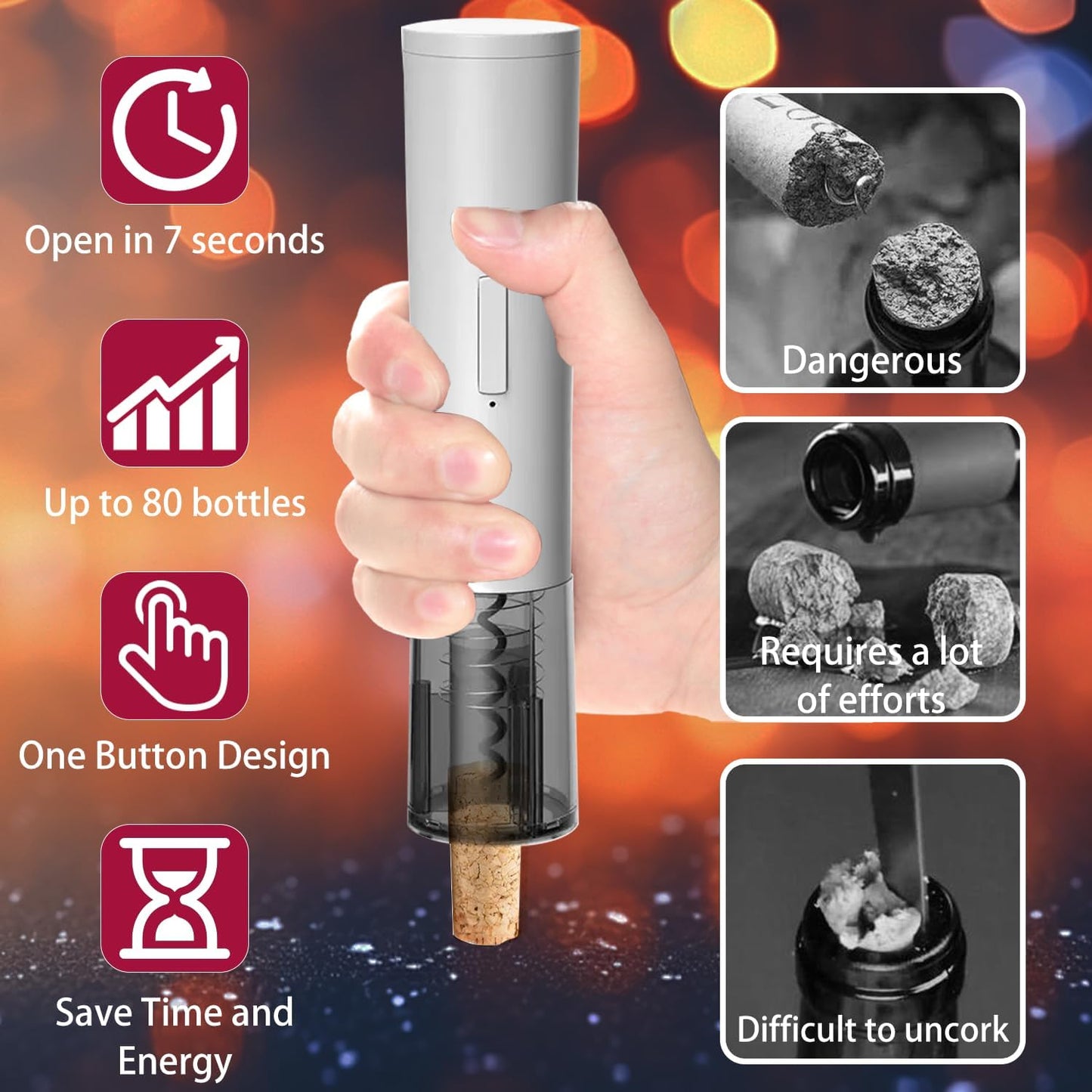 Automatic Electric Wine Opener, Wine Bottle Opener with Foil Cutter & Rechargeable, One-Click Button Electric Corkscrew Wine Opener for Home, Kitchen, Party, Wedding, Ideal Present for Lover-White