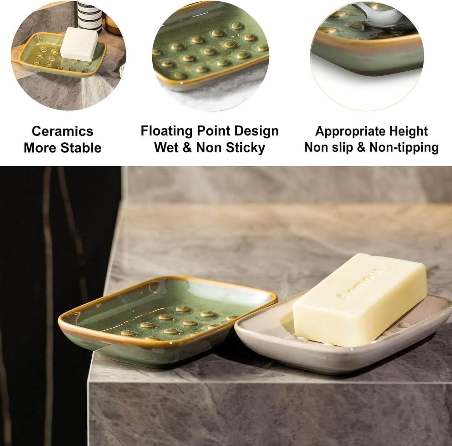 Soap Dish for Shower, Ceramic Soap Dish Non-Slip Soap Holder Bar Saver Tray for Bathroom Kitchen Sink, Floating Point Design Save Soap Loss