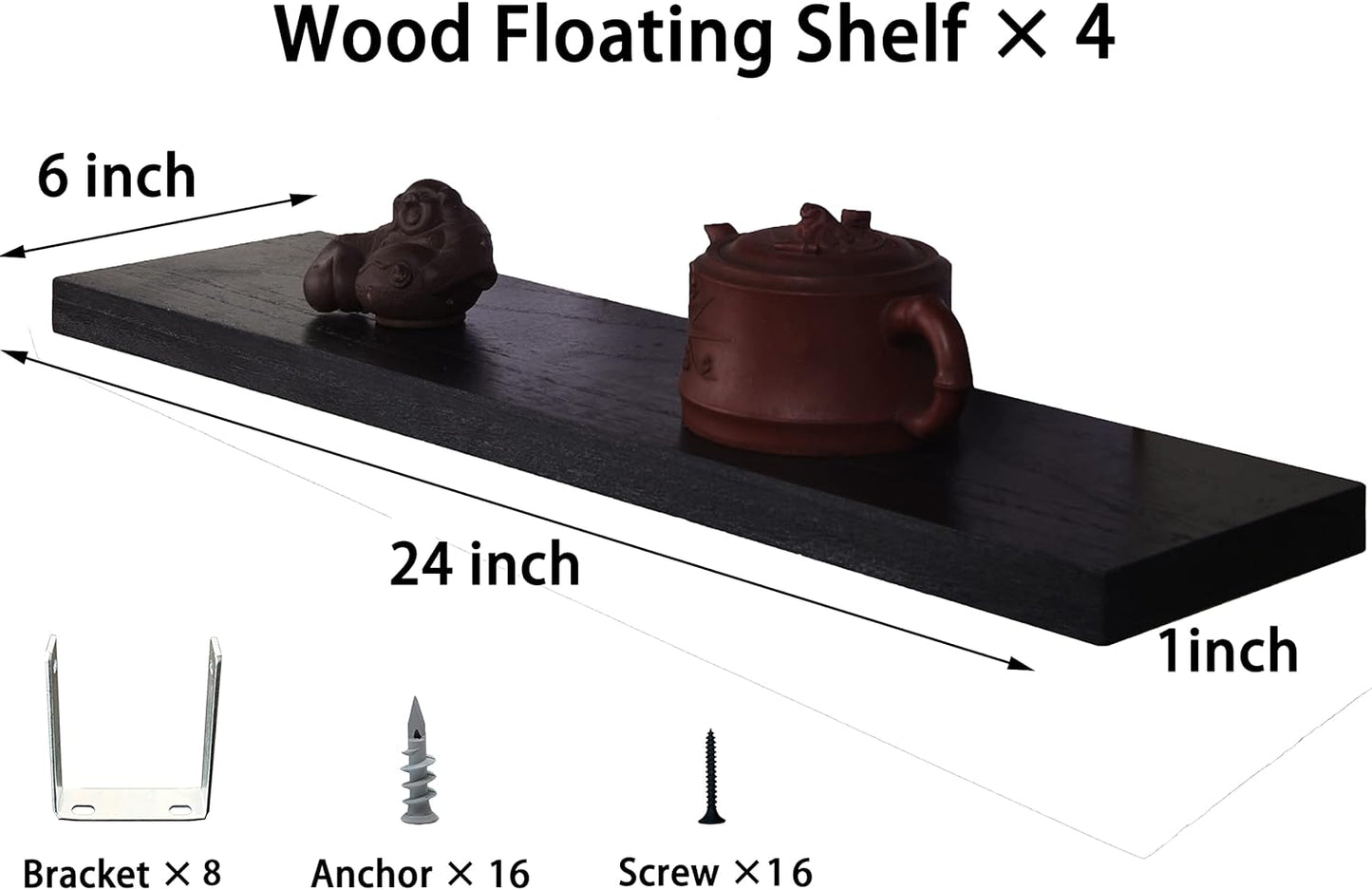 Wood Floating Shelves for Wall, Wooden Wall Shelves for Bedroom, Wall Mounted Shelves for Living Room, Set of 4 Black 24 Inch