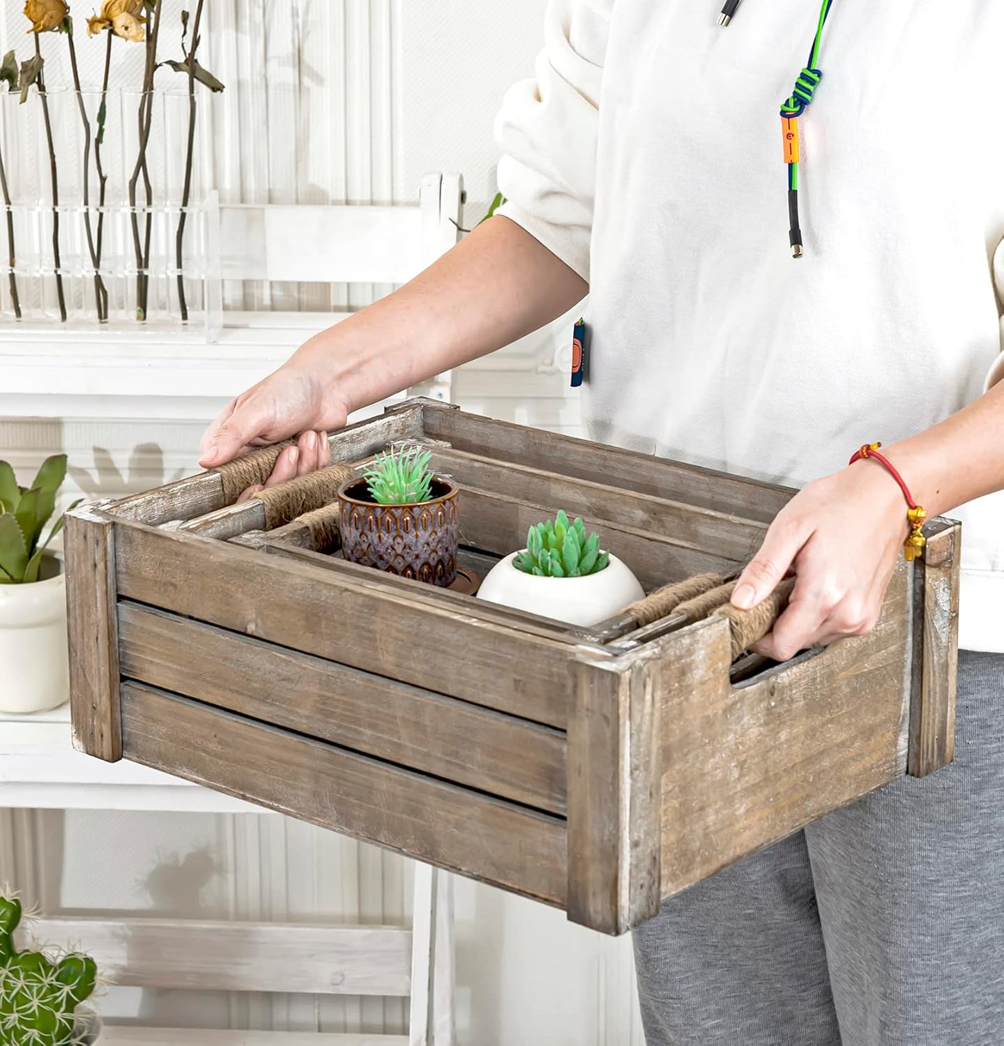 TIMRIS Set of 3 Rustic Wood Nesting Crates, Farmhouse Wooden Storage Container Boxes with Cutout Handles, Decorative Wooden Baskets for Display (Rustic Gray)