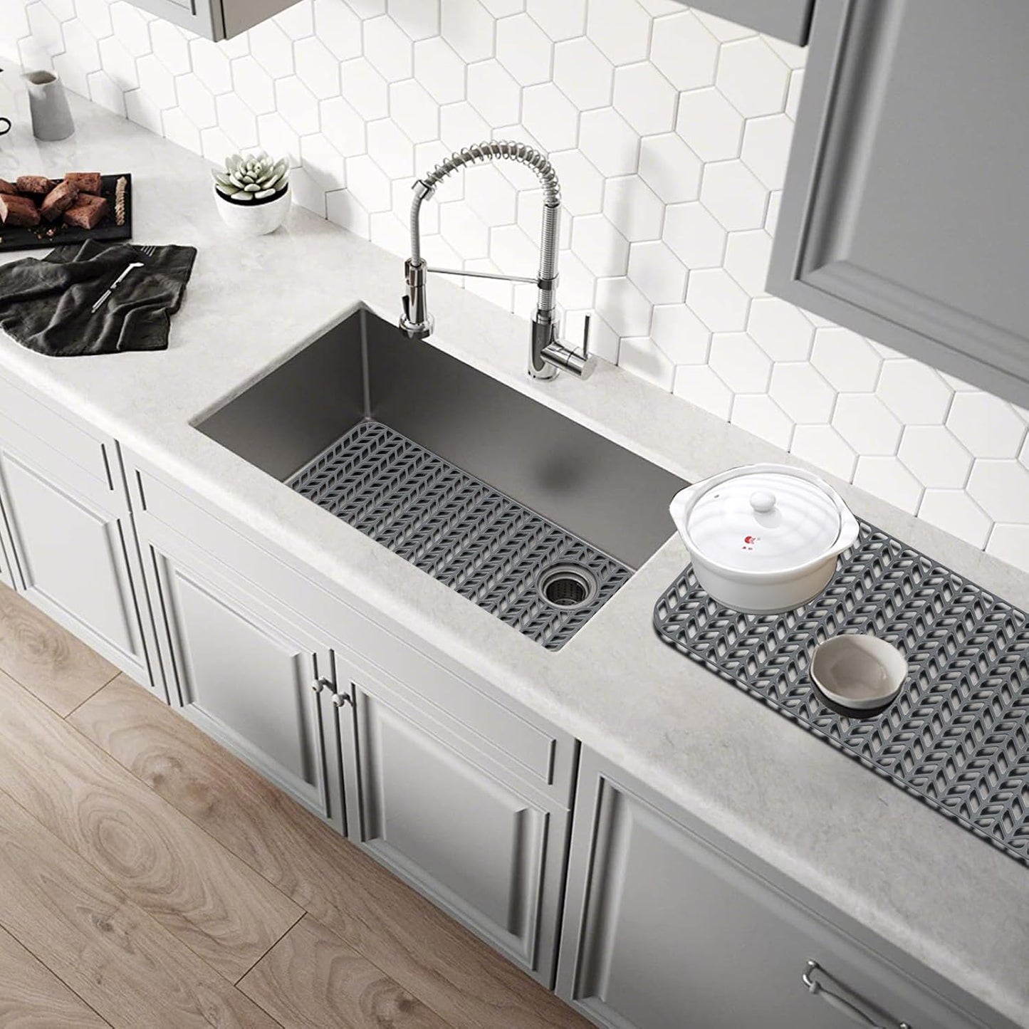 GUUKIN Sink Protectors for Kitchen Sink - 28.6"x 14.5" Silicone Kitchen Sink Mat Grid for Bottom of Farmhouse Stainless Steel Porcelain Sink with Right & Left Drain（Grey）, 2814R