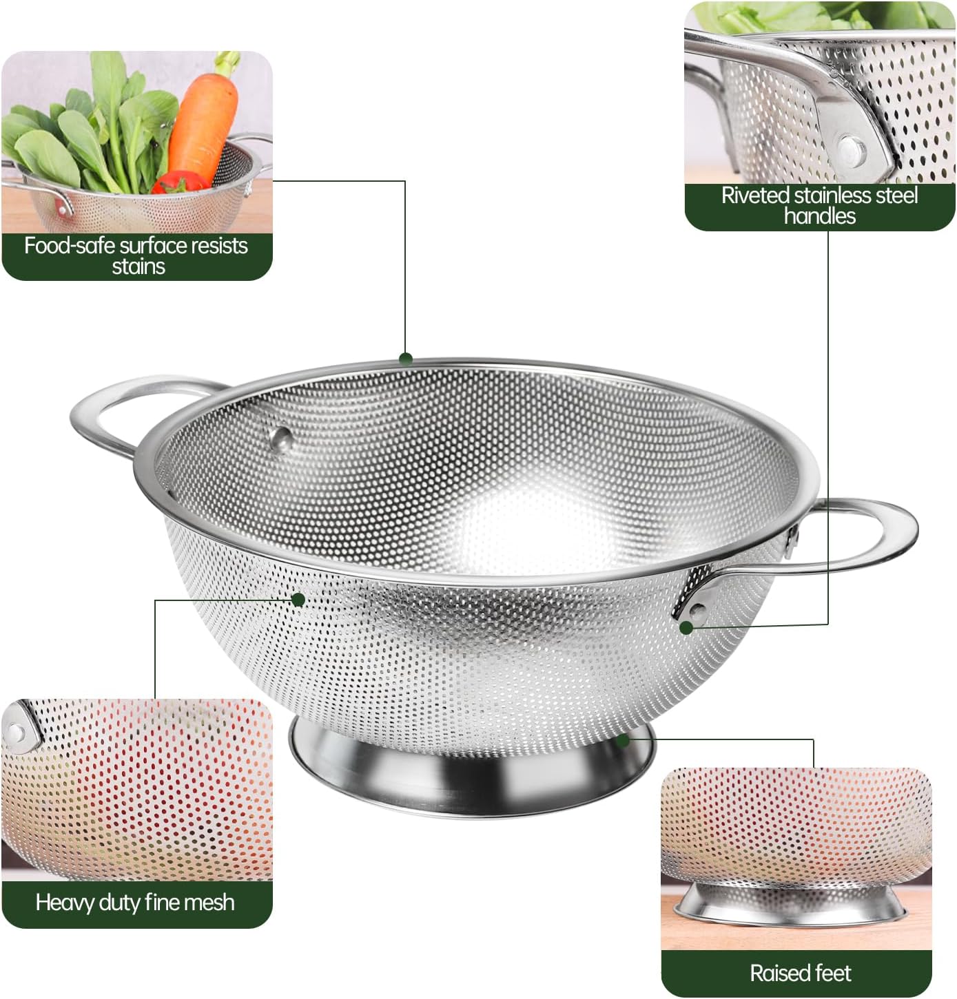 Premium Stainless Steel Colander for Kitchen, Food Strainer Basket with Handle and Solid Ring Base for Fruits Vegetables Rice and Pasta, Dishwasher Safe (3QT)
