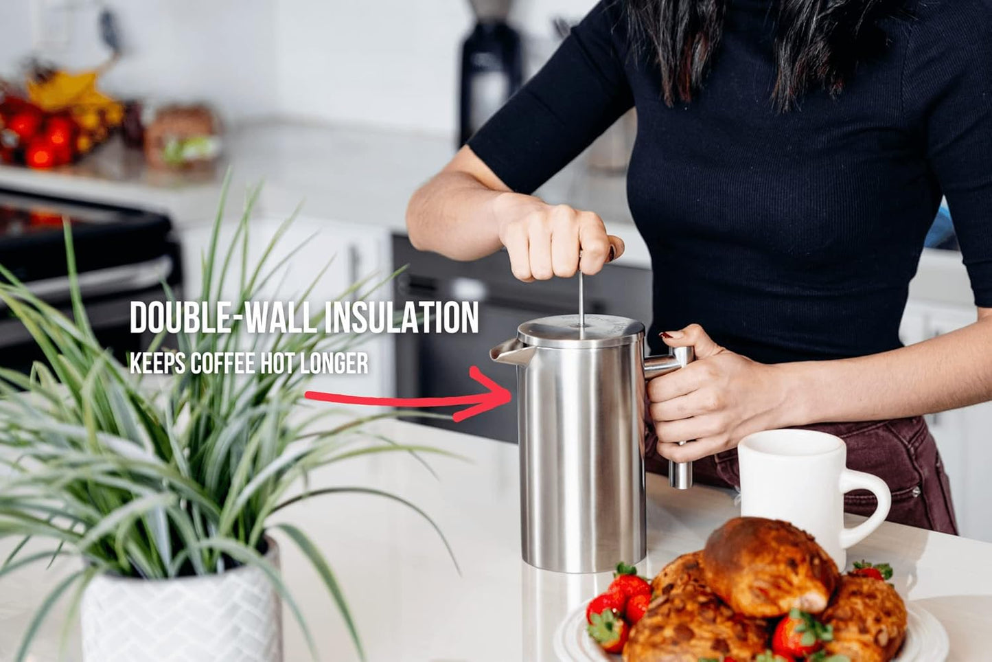 Barista Warrior French Press with Thermometer - Insulated Coffee Press - Stainless Steel Coffee Maker (1.0L | 34 fl oz) (White)