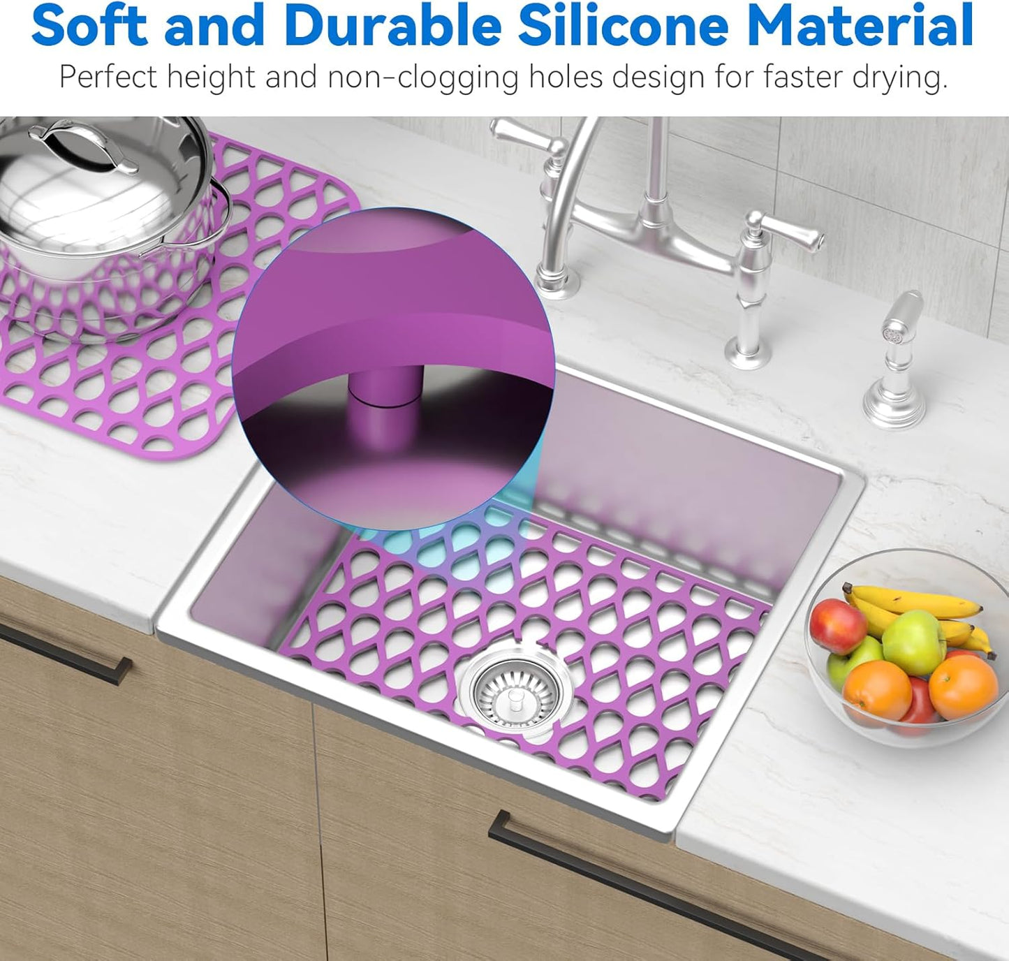 Sink Protectors for Kitchen Sink, 13.58"x 11.6" 2PCS Dish Rack, Protect from Stains, Damage, Scratches, Dishwasher Safe Grid, Silicone Mat for Kitchen Purple