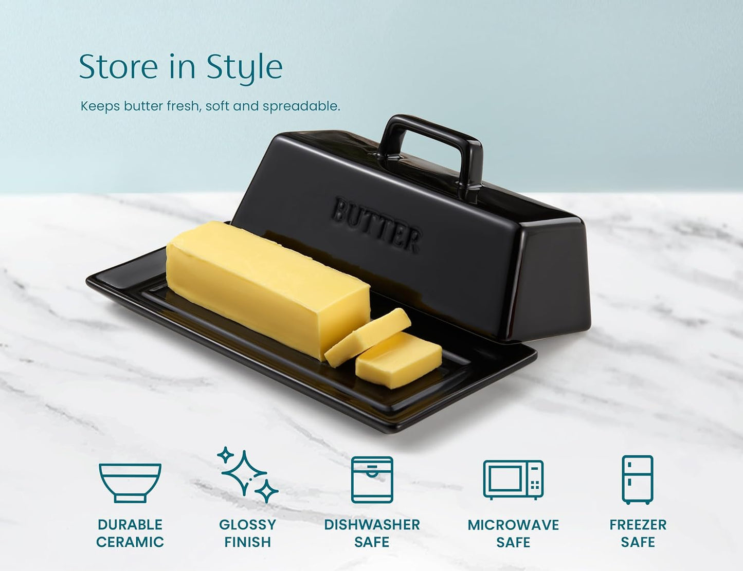 Butter Dish with Lid for Countertop, by Kook, Ceramic Dish Tray with Cover, Kitchen Keeper, Container, Holder, Holds 1 Stick, Microwave and Dishwasher Safe, Black