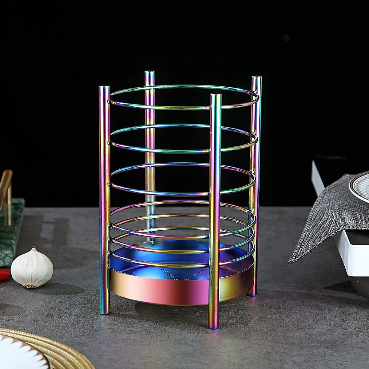 Rainbow Kitchen Utensil Holder for Kitchen Counter, Stainless Steel Utensil Crocks, Rainbow Titanium Coating Utensil Storage Caddy Organizer, Cooking Utensil Holder, Easy Cleaning(Rainbow/7.4''x5.2'')