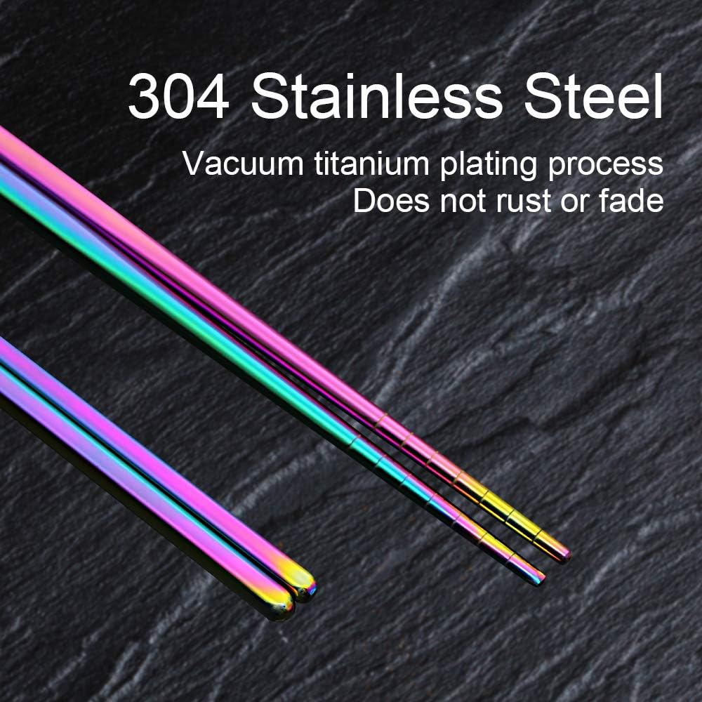 Stainless Steel Chopsticks Reusable Multicolor Lightweight 304 Metal Chopsticks Dishwasher Safe - 5 Pairs (Rainbow)
