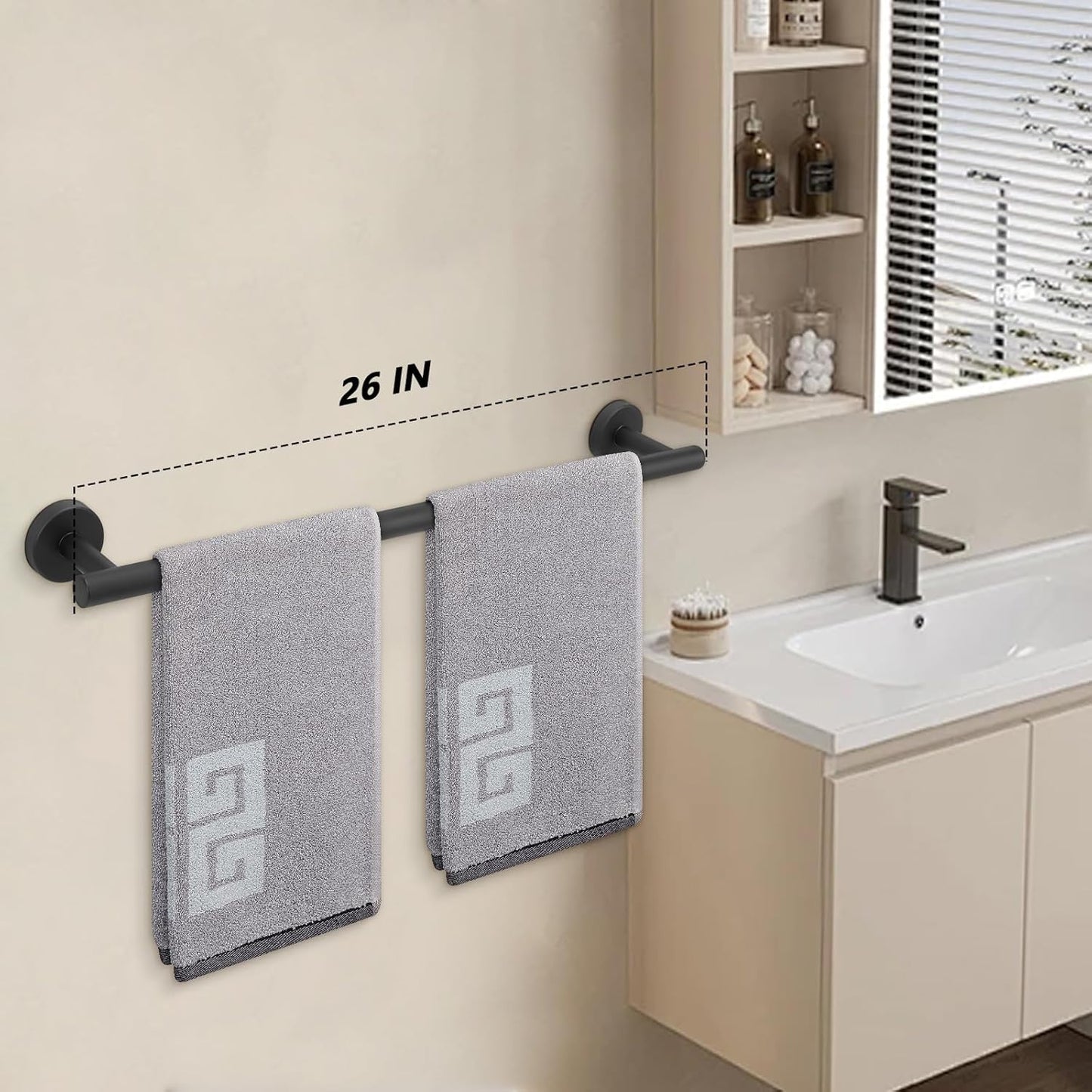 NearMoon Bath Towel Bar, Bath Accessories Thicken Stainless Steel Shower Towel Rack for Bathroom, Towel Holder Wall Mounted (1 Pack, Matte Black, 26 Inch)