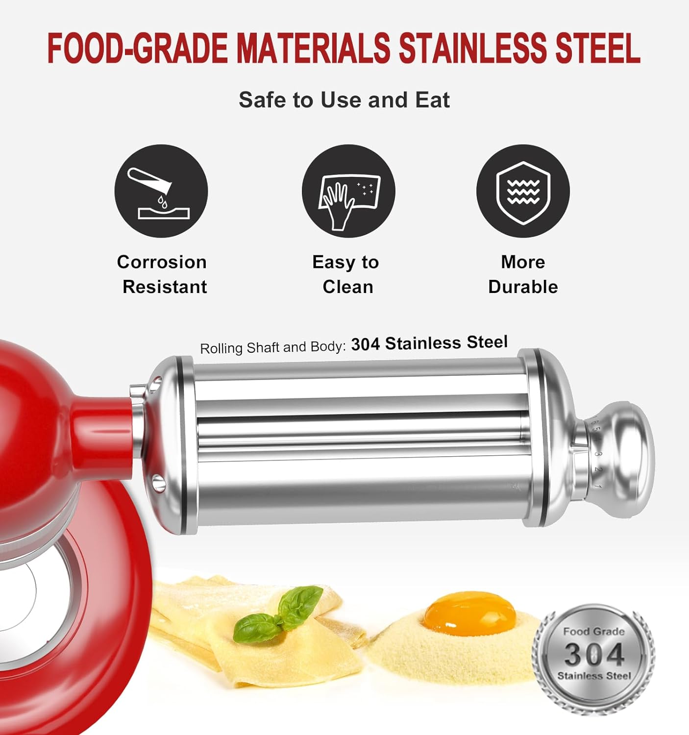 Pasta Roller Attachment for Kitchenaid Stand Mixer, Stainless Steel Pasta Maker Attachment with 8 Adjustable Thickness Knob, Dough Pasta Sheeter Roller for Raviolis Pasta
