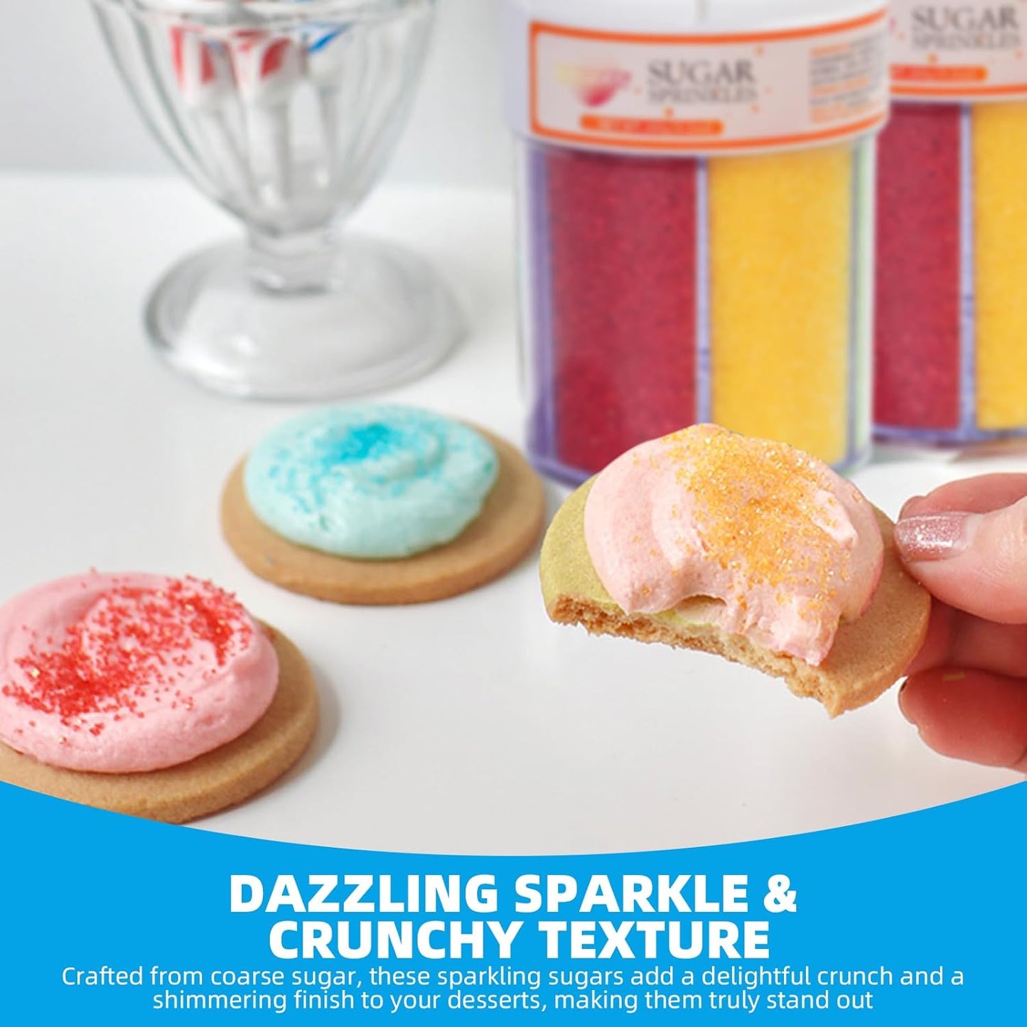 KASVAN Edible Sanding Sugar Sprinkles, 9.2oz Rainbow Sugar Sprinkles, 6 Colors Pink Blue Purple Yellow Green Red, Sparkling Crystals for Cake, Cupcakes, Cookies & Desserts