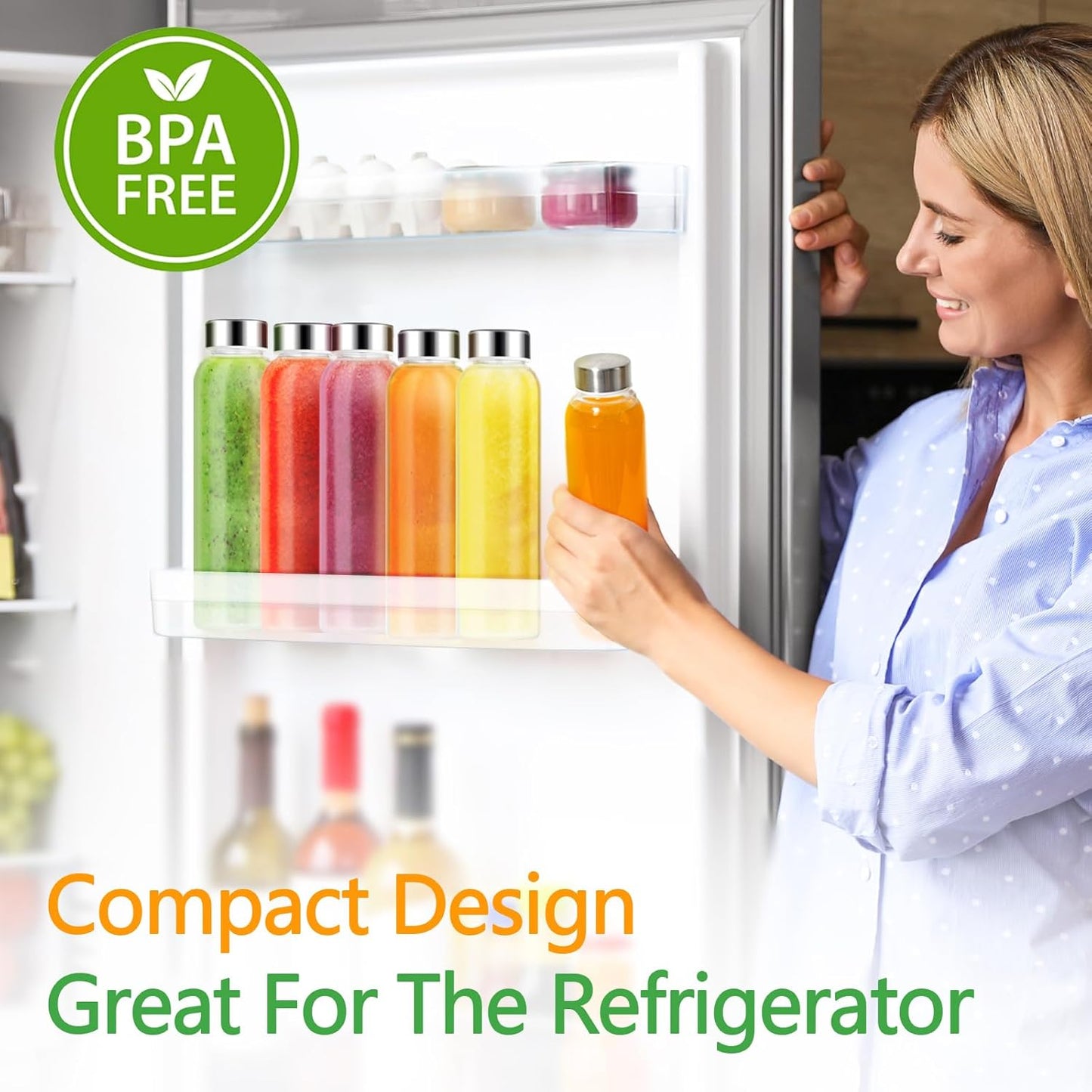 Zukro Glass Water Bottles with Gold Lids 18 oz, Reusable Clear Glass Juice Bottles Stainless Steel Airtight Cap for Juicing, 100% Leak Proof Juice Drinking Jar for Refrigerator, BPA Free, Set of 10