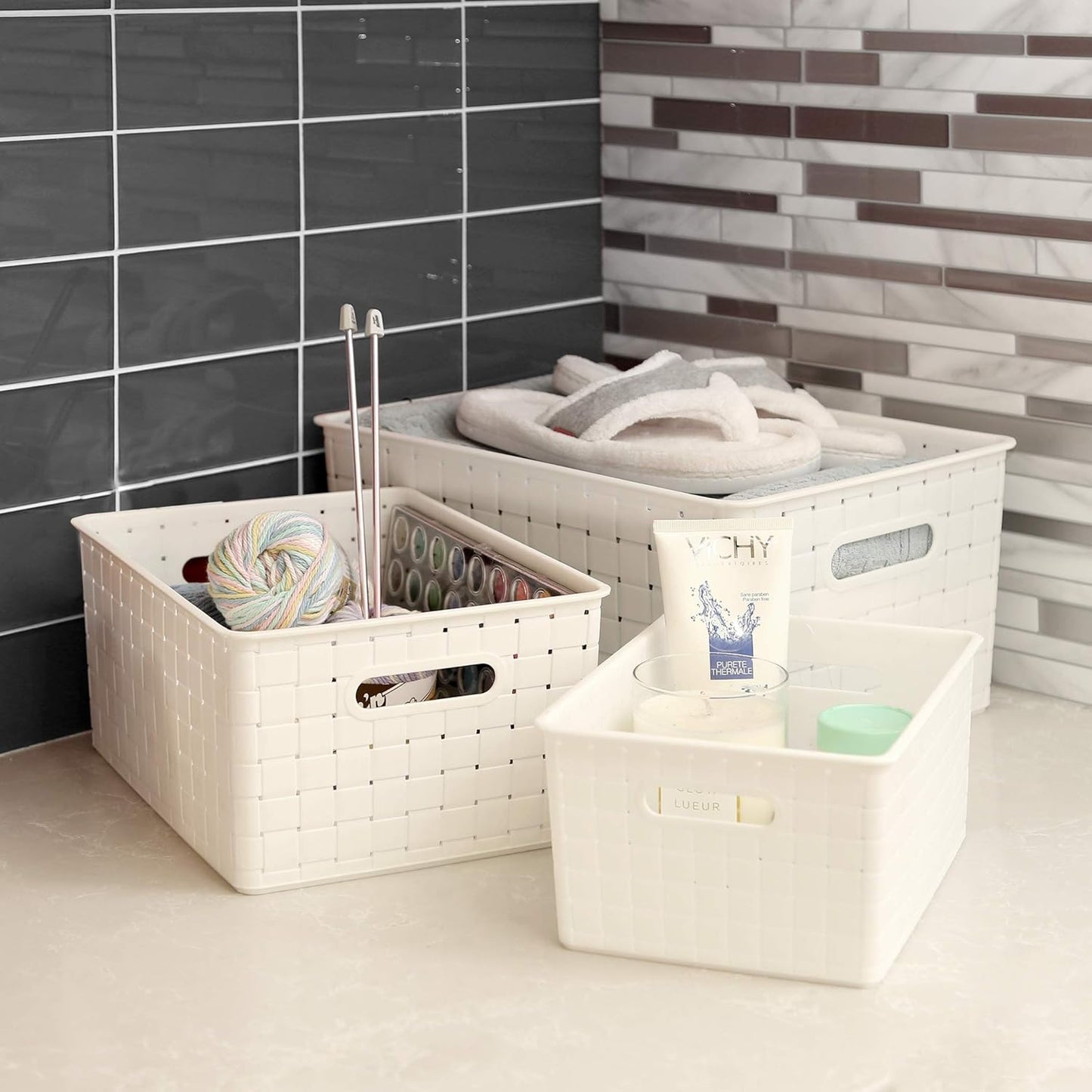 BINO | Plastic Basket, Large - White | 3 Pack | THE STABLE COLLECTION | Multi-Use Storage Basket | Rectangular Cabinet Organizer | Baskets for Organizing with Handles | Home & Office Storage Organizer