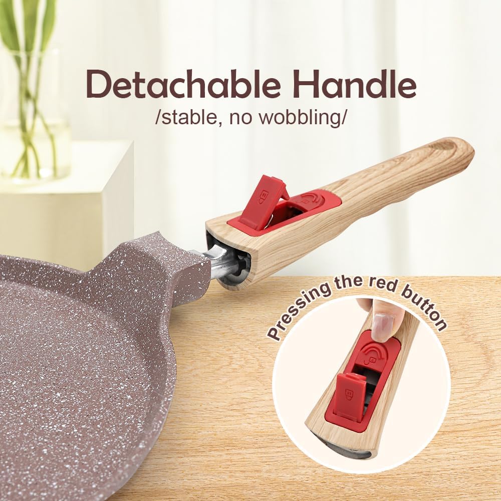 Nonstick Ceramic Crepe Pan, 8 Inch Dosa Pan Pancake Pan with Detachable Handle Round Griddle - Brown