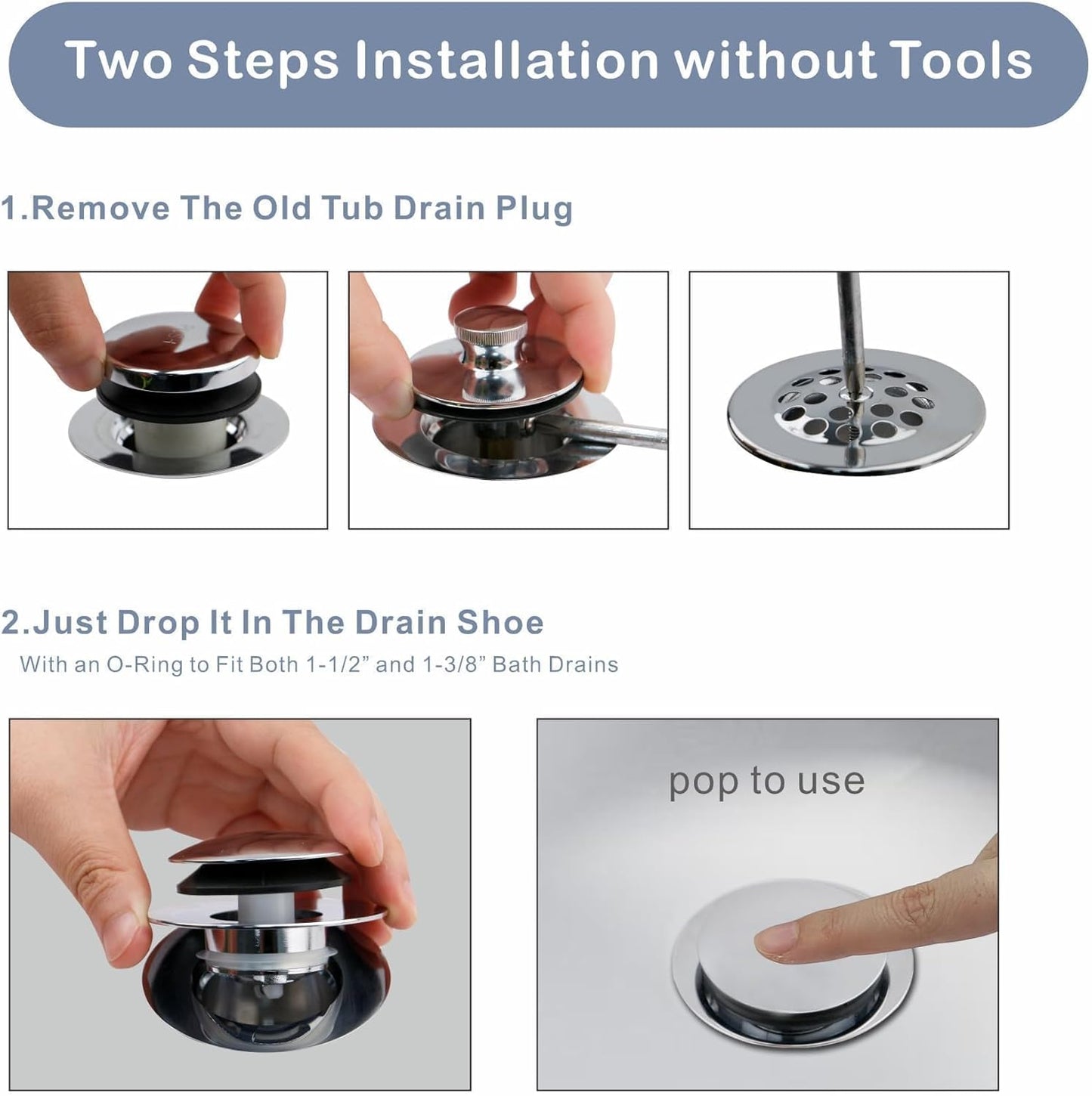 Chrome Plated Universal Tub Dain Stopper, Hidrop Pop Up Bath Drain Tip Toe Bathtub Drain Stopper,Conversion Kit Assembly, Replaces Lift and Turn, Tip-Toe and Trip Lever drains for Tub, EZ Install