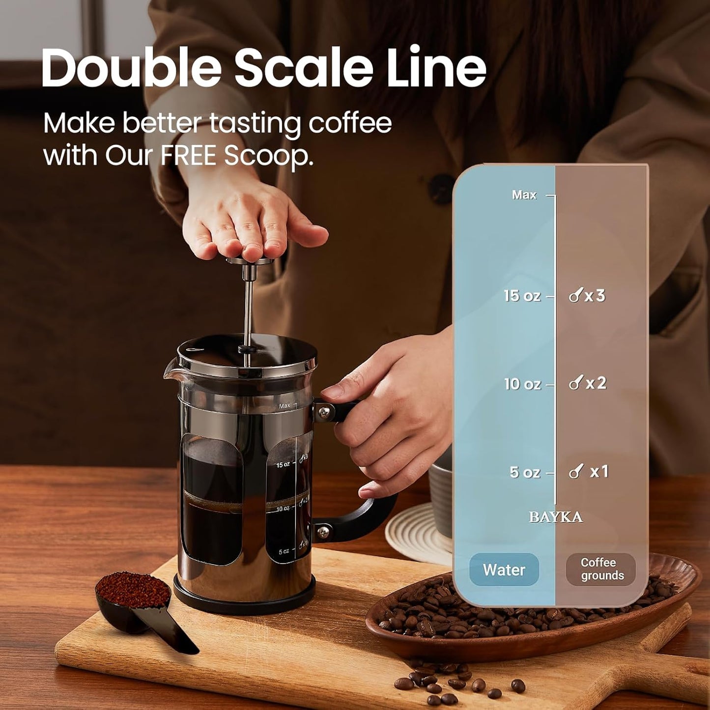 BAYKA 21 Ounce 0.6 Liter French Press Coffee Tea Maker Small, Heat Resistant Thickened Borosilicate Glass Stainless Steel Single Serve Brewer, Cold Brew Cafetera Teapot, Dark Pewter