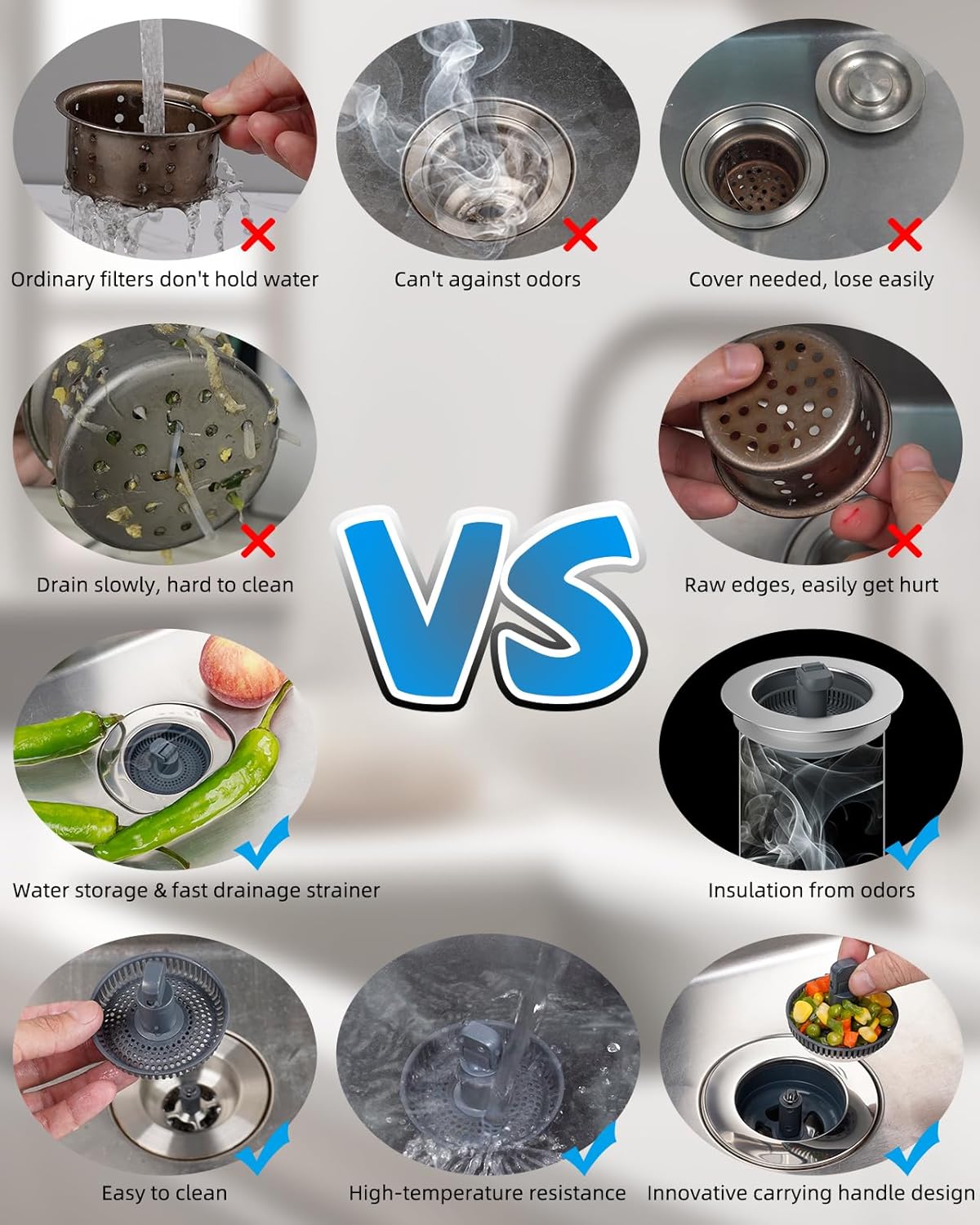 Hibbent 3 in 1 Kitchen Sink Drain Strainer and Stopper Combo, Chrome Stainless Steel Wraped Shell, 3 Anti-Clogging Basket Strainer with Foldable Handle for US Standard 3-1/2" Drain