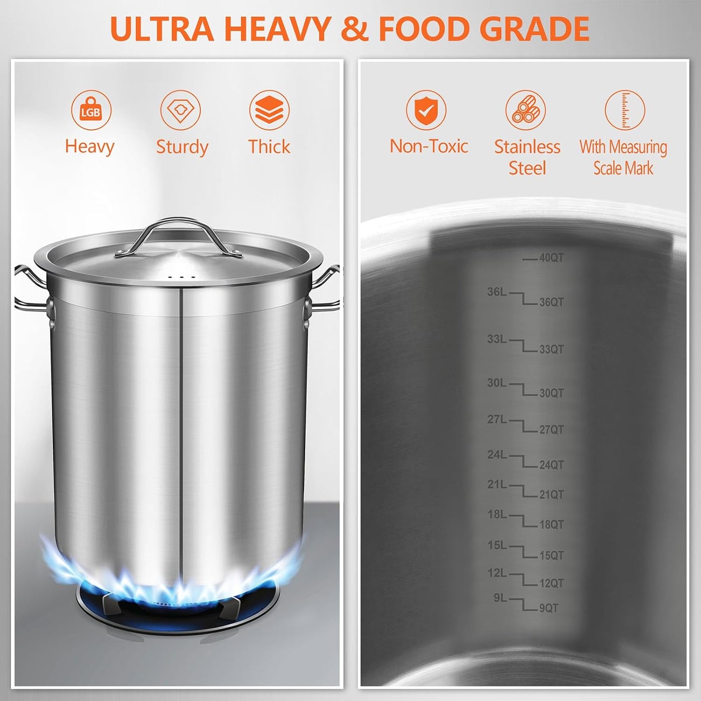 Large Stock Pot with Lid - 40 Quart Stainless Steel Cookware, 10 Gallon Heavy Duty Soup Pot, Big Pots for Cooking, Compatible Induction & Oven