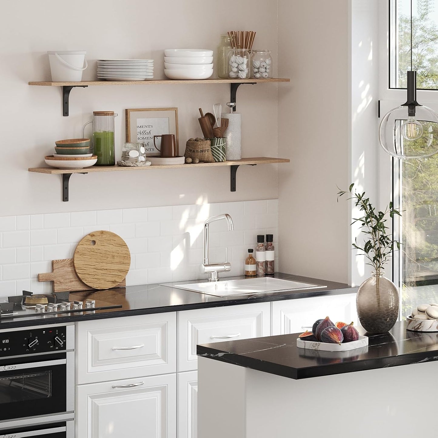 DINZI LVJ Long Wall Shelves, 55.1Inch Wall Mounted Shelves Set of 2, Extra Large Storage Ledges with Sturdy Metal Brackets for Living Room, Bathroom, Bedroom, Kitchen, Natural