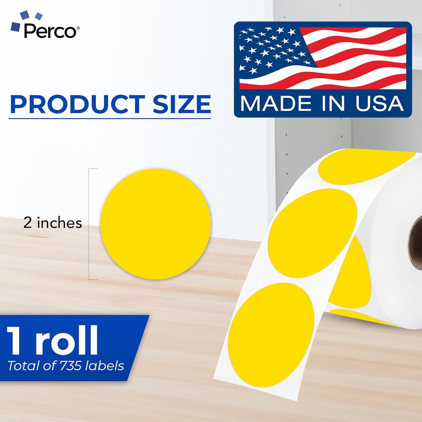 Perco Yellow 2-Inch Perforated Circle Dot Thermal Sticker Labels — 735 Stickers/Roll, Direct Thermal Printer Compatible—with Permanent Adhesive for Organizing, Color Coding, Bin Labeling—Made in USA