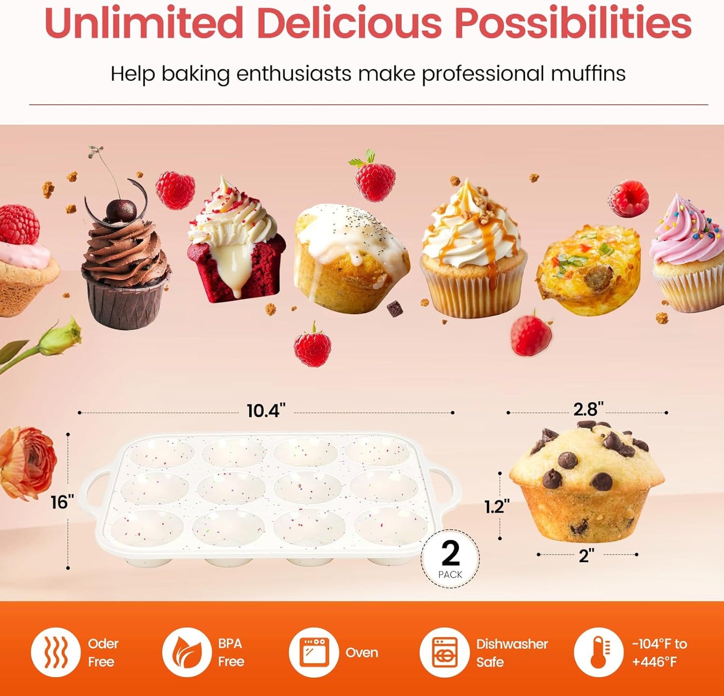 Silicone Muffin Pan with Metal Reinforced Frame - 12 Cups Muffin Pan With 24 Cups for Homemade Muffins, Cupcakes, Oven and Dishwasher Safe - Set of 2, Rainbow Dots