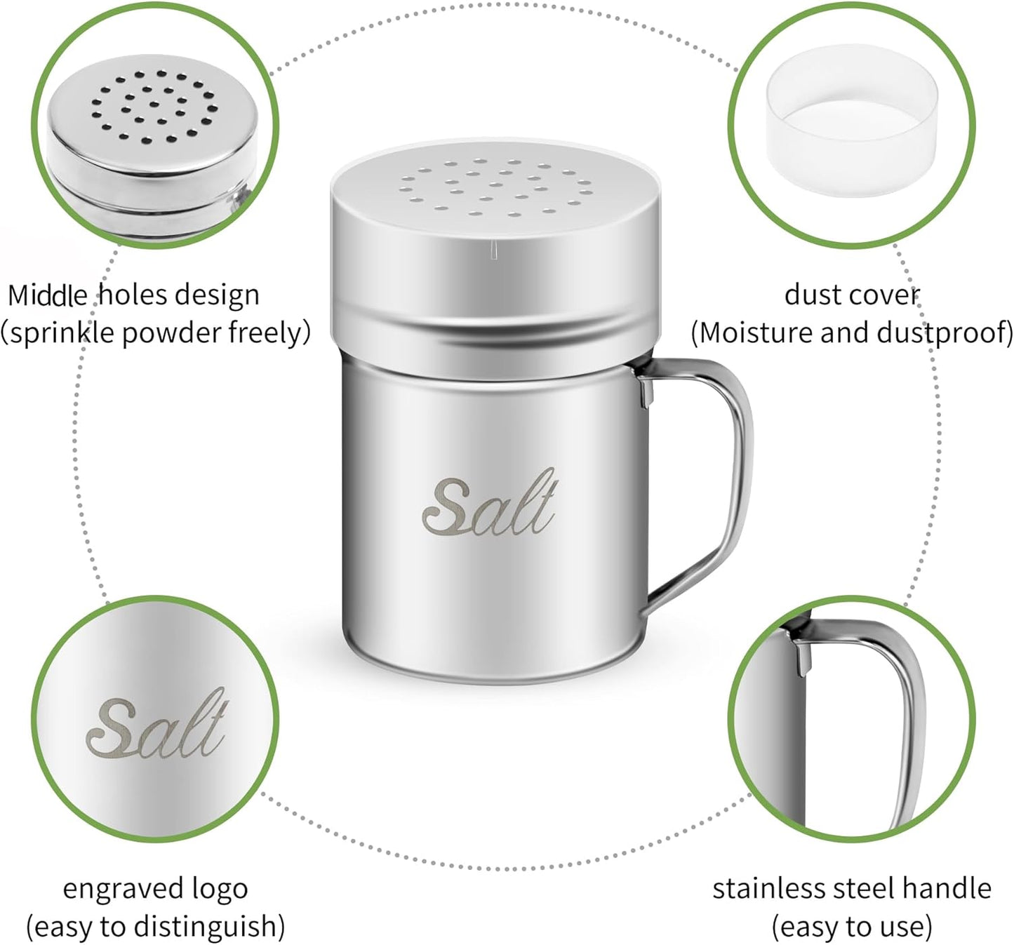 Stainless Steel Salt and Pepper Shakers Set, 6 OZ Seasoning Spice Shaker with Lid and Handle Medium Holes, Metal Dredge Shaker for Powder Sugar Cooking Kitchen Baking (2 Pieces)