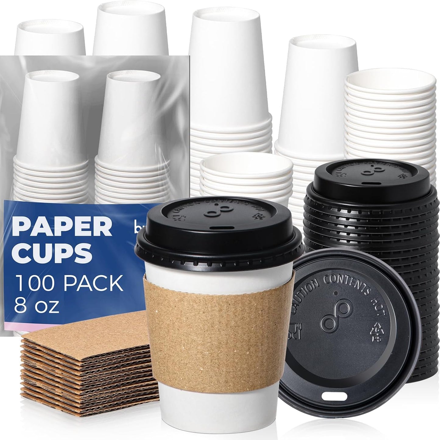 Fit Meal Prep 100 Pack 8 oz Disposable Coffee Cups with Lids, Sleeves, Leak-Proof To Go Coffee Cups with Lids, Durable Paper Cups for Hot Beverage, Home, Office, Party