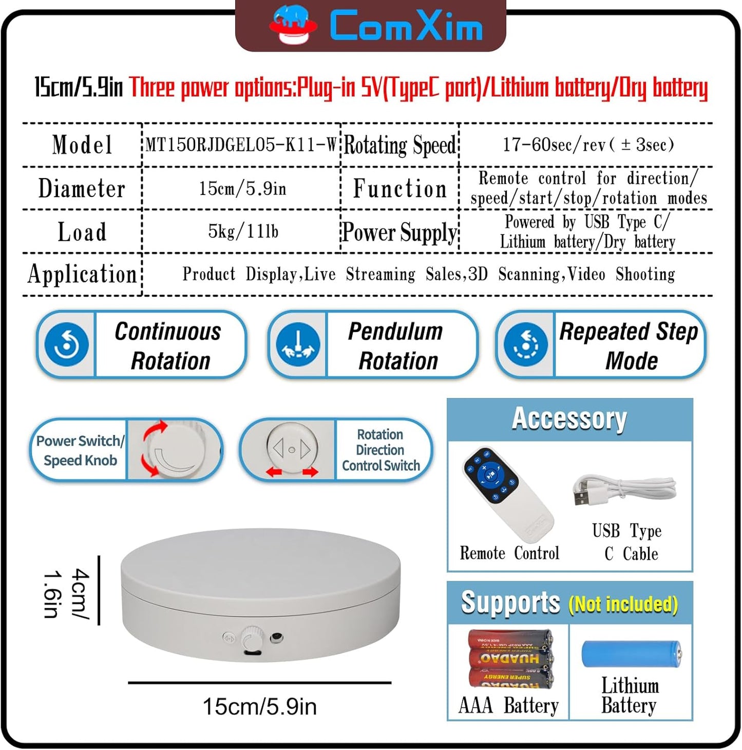 Motorized Rotating Display Stand Rotating Lazy Susan Electric Turntable for Display,Photography Turntable for 3D Scanner, Remote Control Angle/Speed,Step/Swing/Continuous Rotation