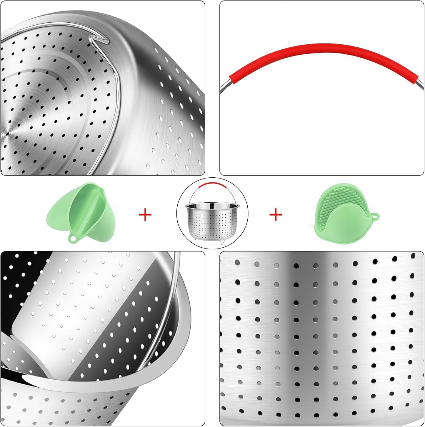 REDANT Mesh Strainer and Vegetable Steamer Basket for Pot, Instant Pot Accessories 8Qt, Stainless Steel Veggie Steamer for Cooking Broccoli, Eggs, Pasta, Quinoa - With 2 Silicone Gloves, 8 Quart