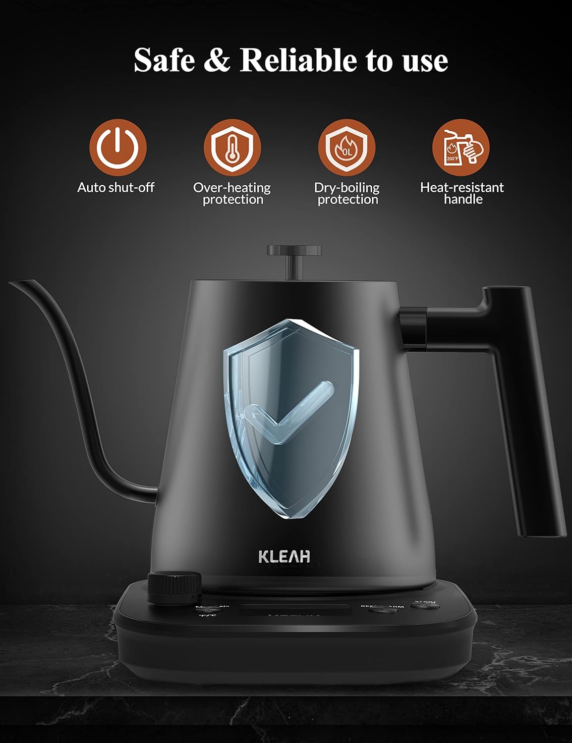 KLEAH Gooseneck Electric Kettle with Temperature Control - 0.8L Automatic Shut Off Tea & Coffee Kettle, Hot Water Boiler Pour Over Coffee Kettle, 1200W Quick Heating Keep Warm, Black