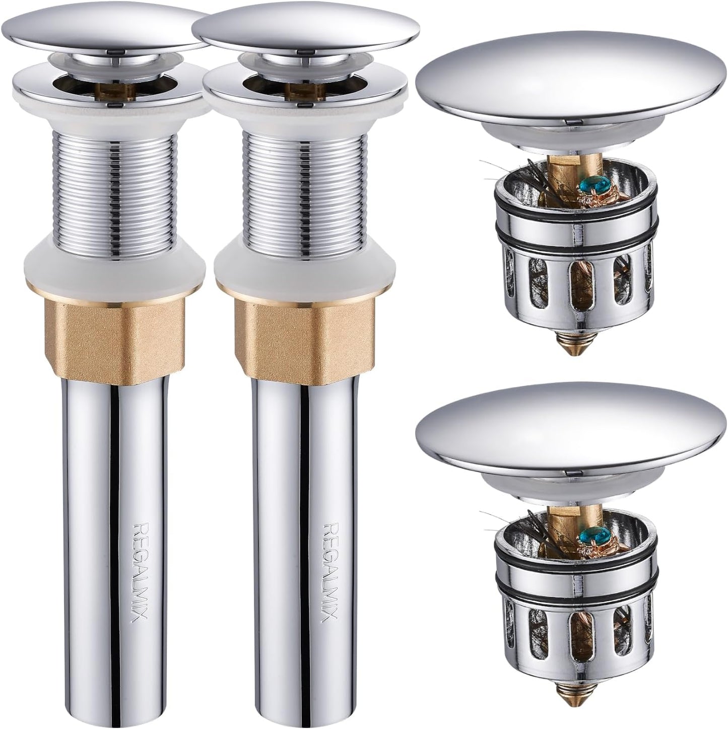 Pop Up Drain Without Overflow, Bathroom Sink Stopper for Vessel Vanity Sink 2 Pack Polished Chrome, All Metal - Big Cap Fit for Vessel or Undermount Sink, RM082A-P2
