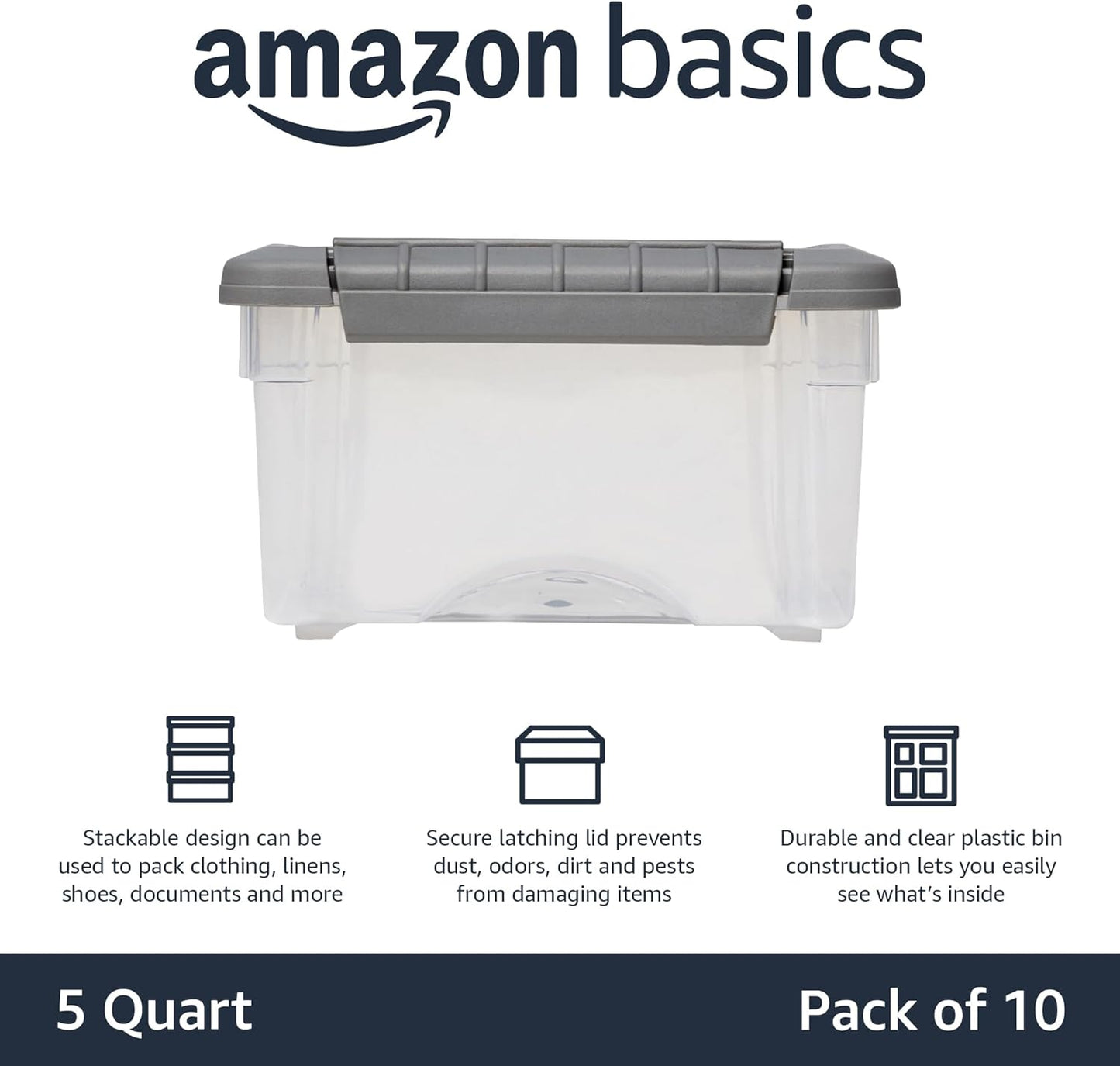 Amazon Basics Plastic Storage Containers with Secure Latching Lids, Stackable Organization Bins, Clear/Grey, 5 Quart, Set of 10