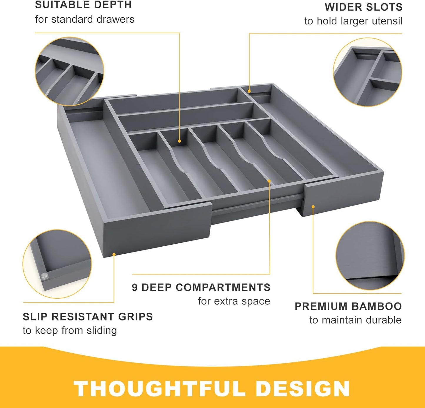 Large Premium Bamboo Silverware Organizer - Expandable Drawer Organizer & Utensil Organizer - 17"x19.7" Cutlery Tray with Dividers for Kitchen Utensils and Flatware (7-9 Slots) (Grey)