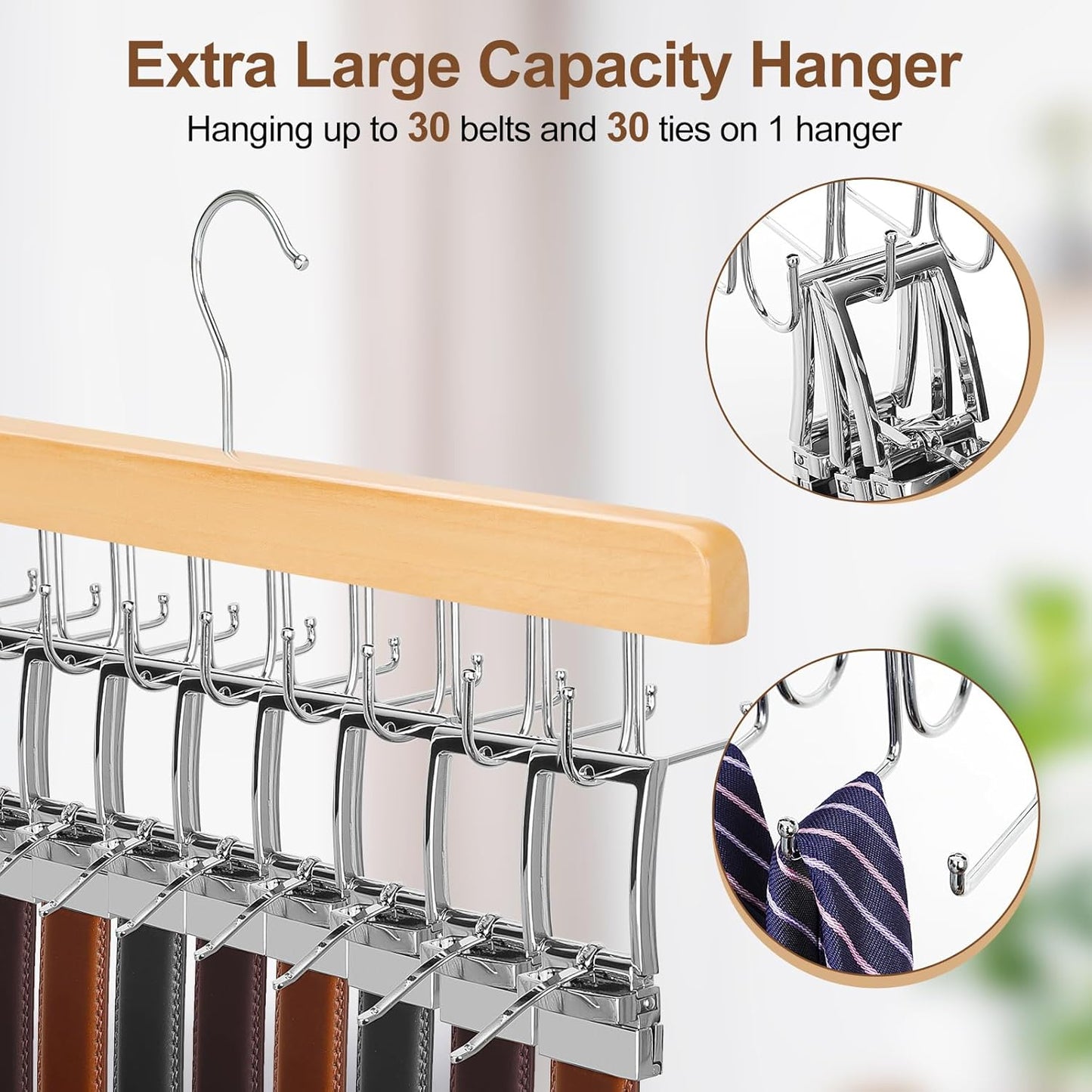 TOPIA HANGER 2 Pack 2 in 1 Belt Tie Hanger for Closet Max 60 Belts with 60 Ties Capacity, 20 Hooks Belt Tie Racks Wooden Hanger for Closet Organizer Space Saving “U” Fit Belt and “一” Fit Tie - CT59N