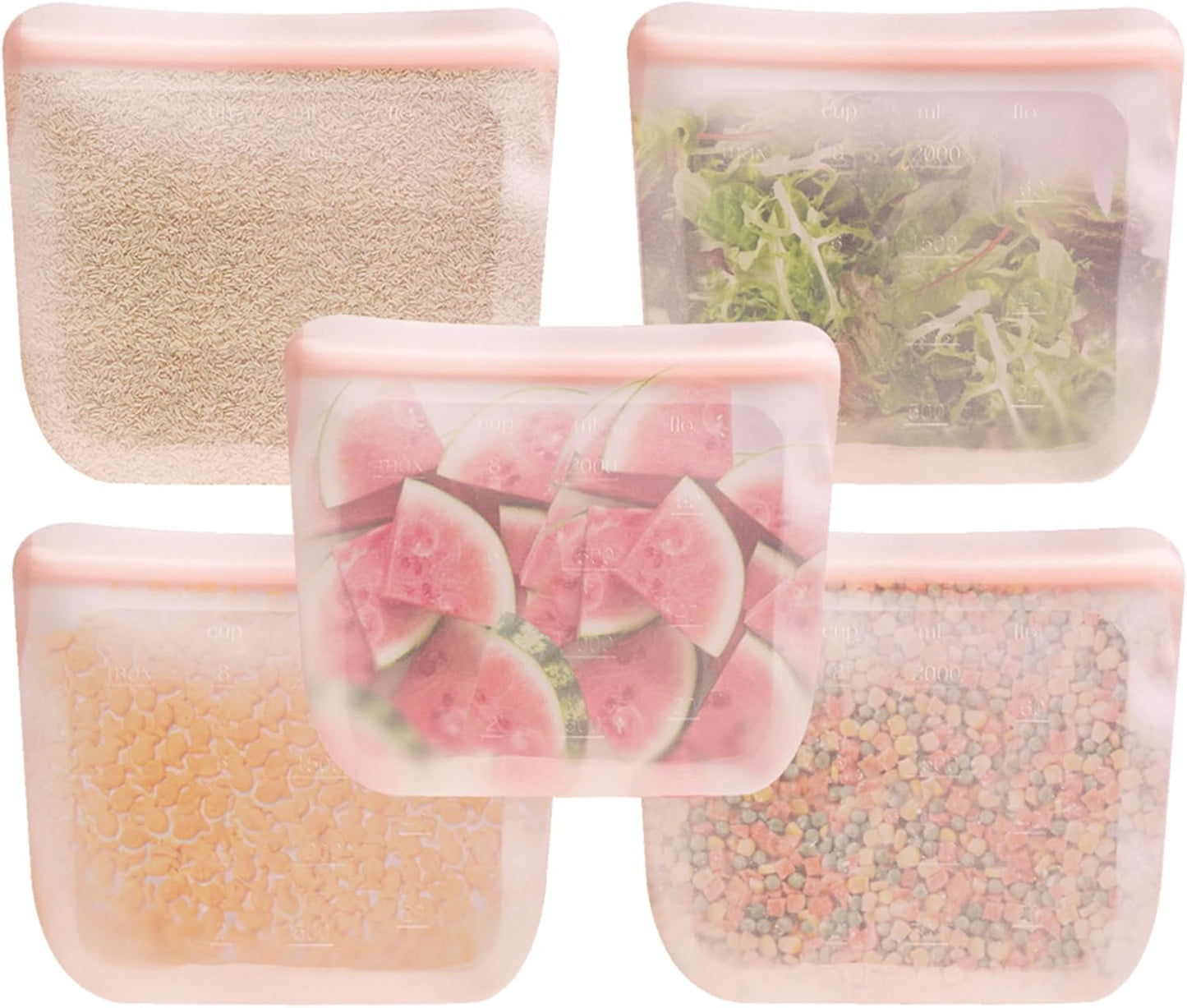 purifyou Set of 5 Reusable Silicone Storage Snack Bags 6oz / 16oz / 32oz / 64oz Self-Seal Food Storage Container for Fruits, Vegetables, Sandwiches, Dishwasher Safe & Leak-free (CloudPink, 64oz)