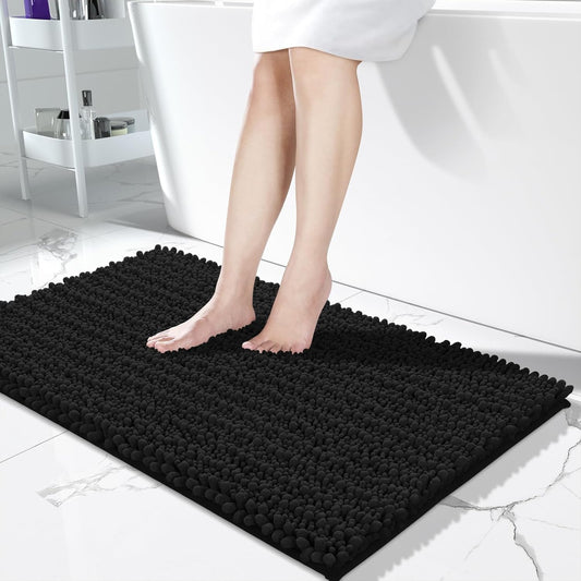 Yimobra Long Bathroom Rugs Non Slip Washable 44x24 Inch - Ultra Soft Absorbent Chenille Bath Mat, Quick Dry Shaggy Floor Carpet for Tub Shower, Black Home Decor Accessories