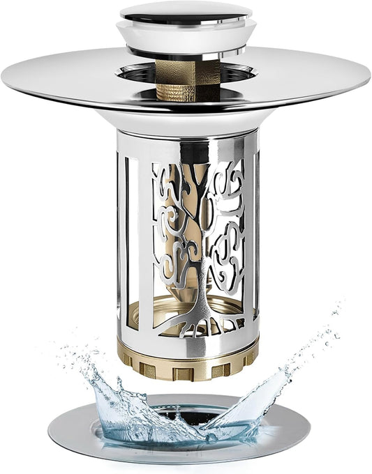 Bathroom Sink Drain Stopper, Bathroom Sink Drain Strainer with Pop Up and Removable Hair Catcher Basket, Universal for 1.06 to 1.6in Sink Drain, Chrome Silver