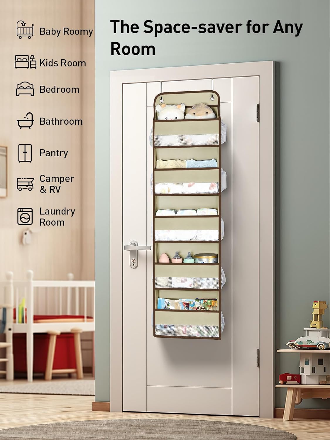 Yecaye 2 Pc Over the Door Organizer with 5 Bins 10 Side Pockets, 44lbs Load Hanging Bathroom and Bedroom Organizer, behind the Door Hanging Organizers for Nursery Newborn Baby Essential Stuff Beige